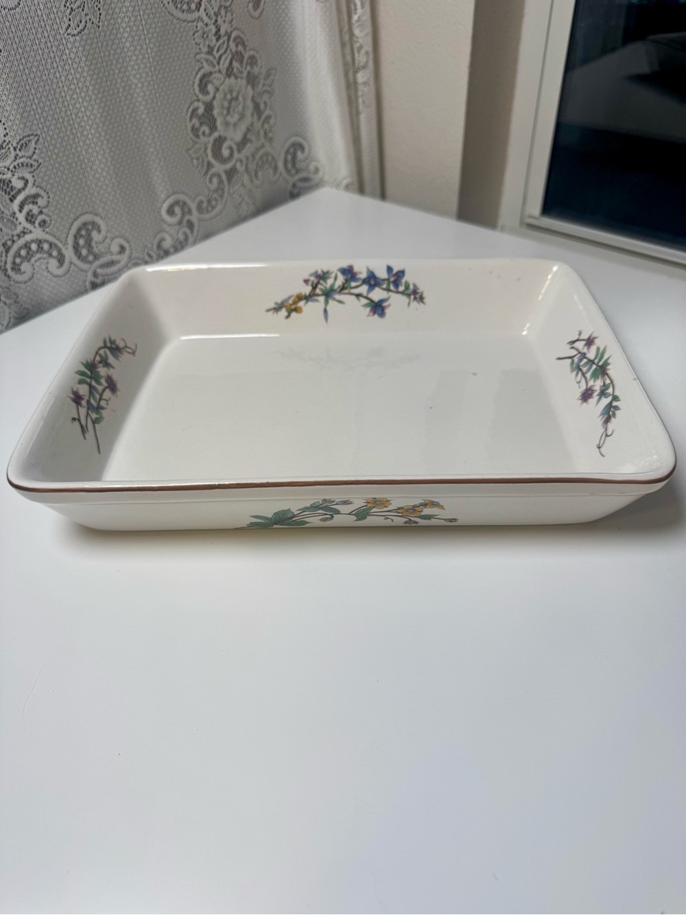 Vintage Floral Ceramic Baking Dish - White with Purple Accents